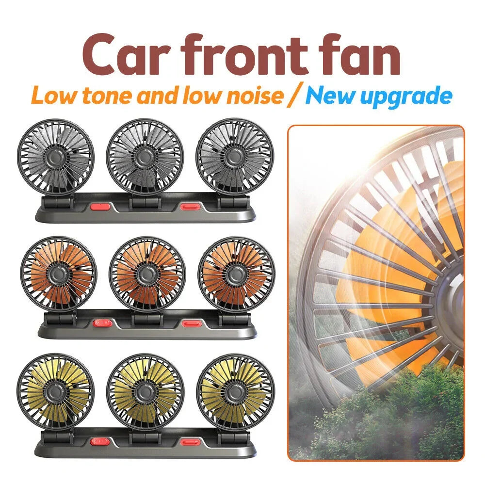 360° Adjustable Car Fan - 3-Head Automotive Electric Fan - USB/12V/24V - 2 Speeds - Quiet Cooling for Home, Desk, Office & Car | Karnz
