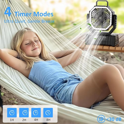 BowLift | Rechargeable Camping Fan with 20000mAh Battery, 4 Speeds and LED Lantern