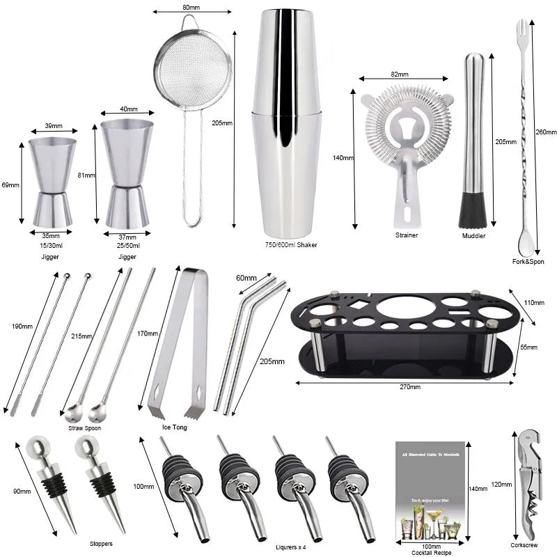 Skanto | 13-22 pcs Boston Cocktail Shaker Set - 750ml & 600ml Bar Tools, Wine Mixer Set with Holder - Professional Bartender Tool Kit