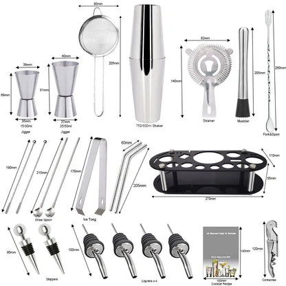 Skanto | 13-22 pcs Boston Cocktail Shaker Set - 750ml & 600ml Bar Tools, Wine Mixer Set with Holder - Professional Bartender Tool Kit