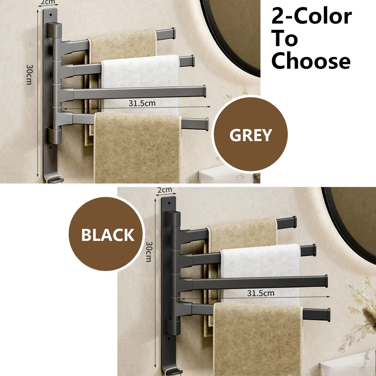BowLift | Bathroom Towel Holder Rotatable Towel Rack Space Aluminum 1/2/3/4/5-Bar Towel Holder Kitchen Shelf Kitchen Hanging Shelf Wall Mounted