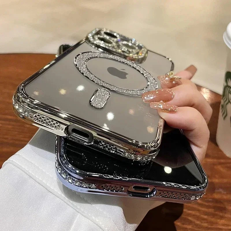 Luxury Glitter Bling MagSafe Case with Crystal Lens for iPhone 15 16 11 12 13 14 Pro Max 16 Plus Magnetic Wireless Charging Clear Case