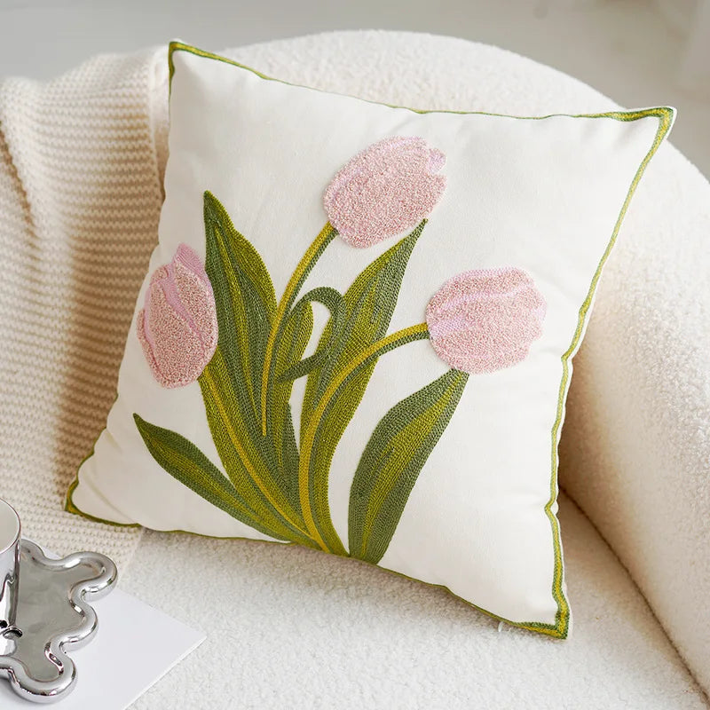 Green & Pink Tulip Embroidered Pillow Cover | Bowlift