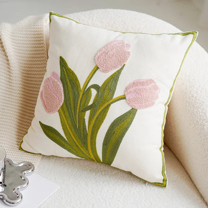 Green & Pink Tulip Embroidered Pillow Cover | Bowlift