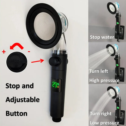 Skanto | High-Pressure Turbo Fan Shower Head with Temperature Indicator and Water-Saving Stop Button - Handheld Bathroom Shower Head