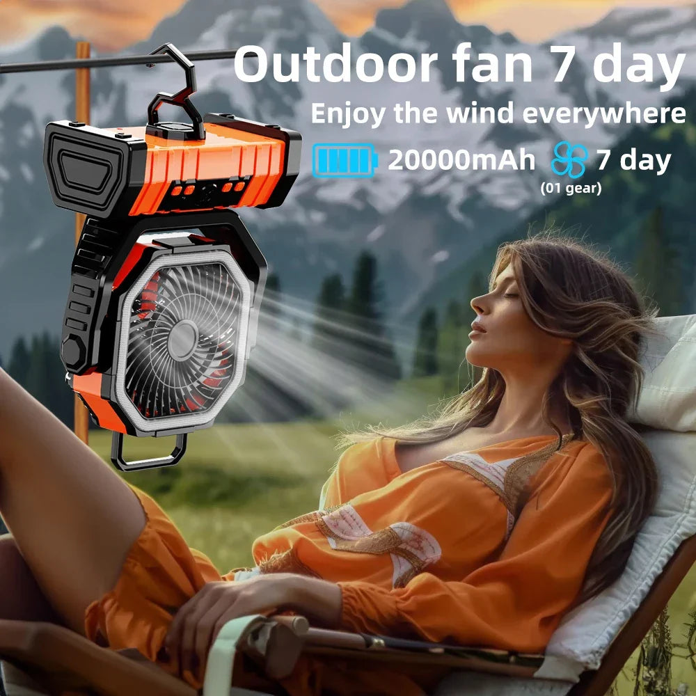 20000mAh Portable Rechargeable Fan — Battery-Operated Table & Camping Fan with LED Light & Hook for Tent, Car and Outdoor Trips | Karnz