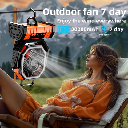 20000mAh Portable Rechargeable Fan — Battery-Operated Table & Camping Fan with LED Light & Hook for Tent, Car and Outdoor Trips | Karnz