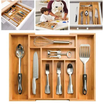 BowLift | Bambusio cutlery tray made of bamboo | Expandable 32–52 cm | 6–8 compartments | Sustainable drawer insert for kitchen, bathroom & office