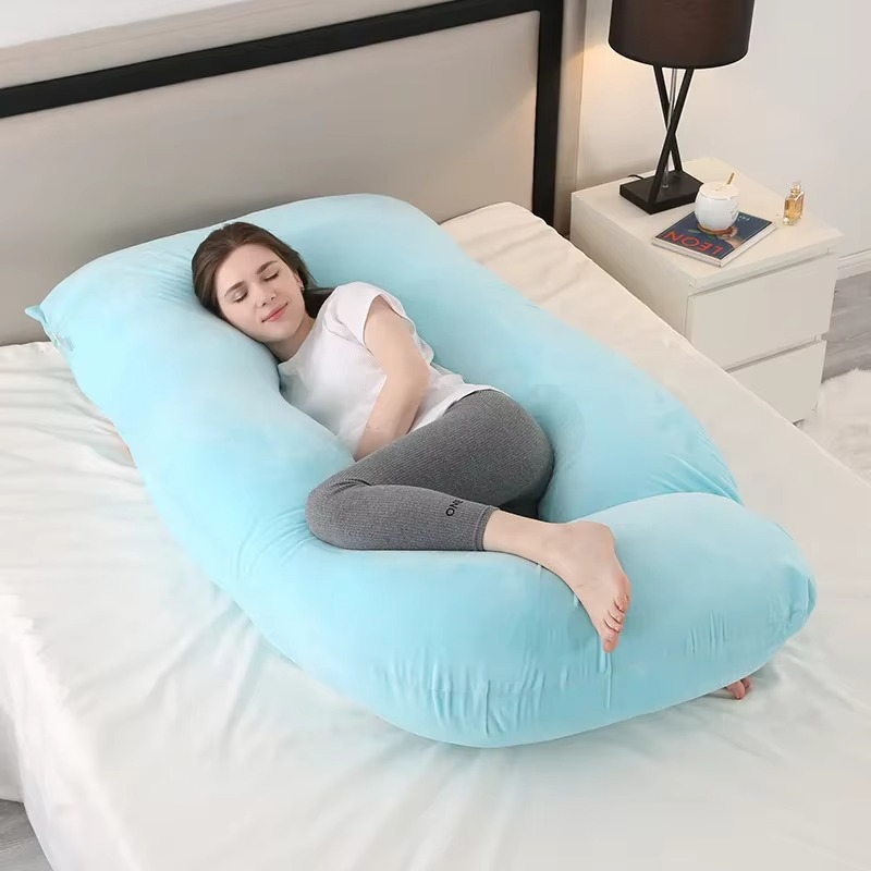 J-shaped pregnancy pillow for side sleeping and breastfeeding