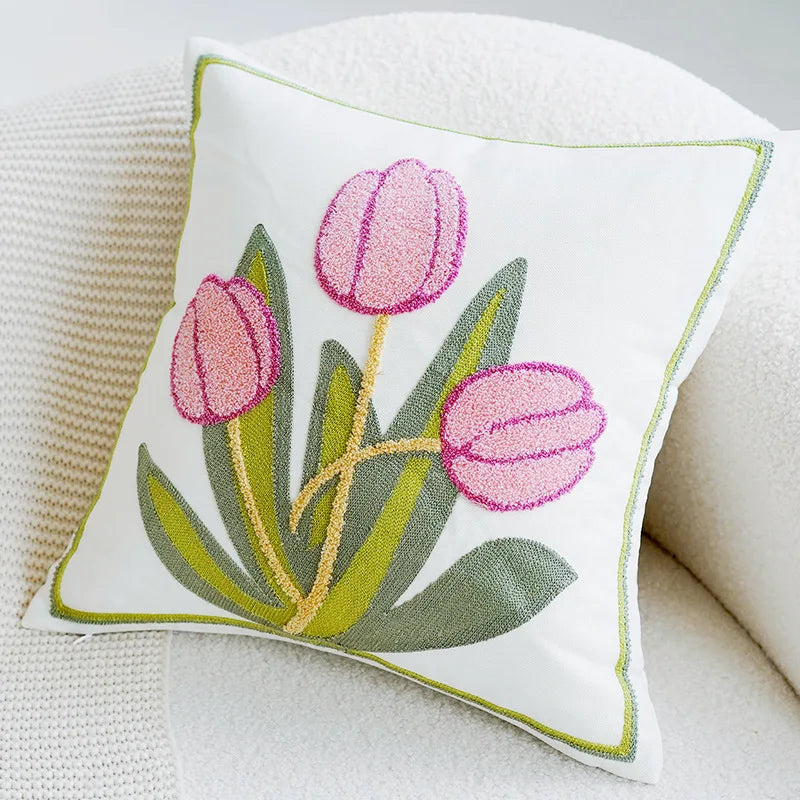Green & Pink Tulip Embroidered Pillow Cover | Bowlift