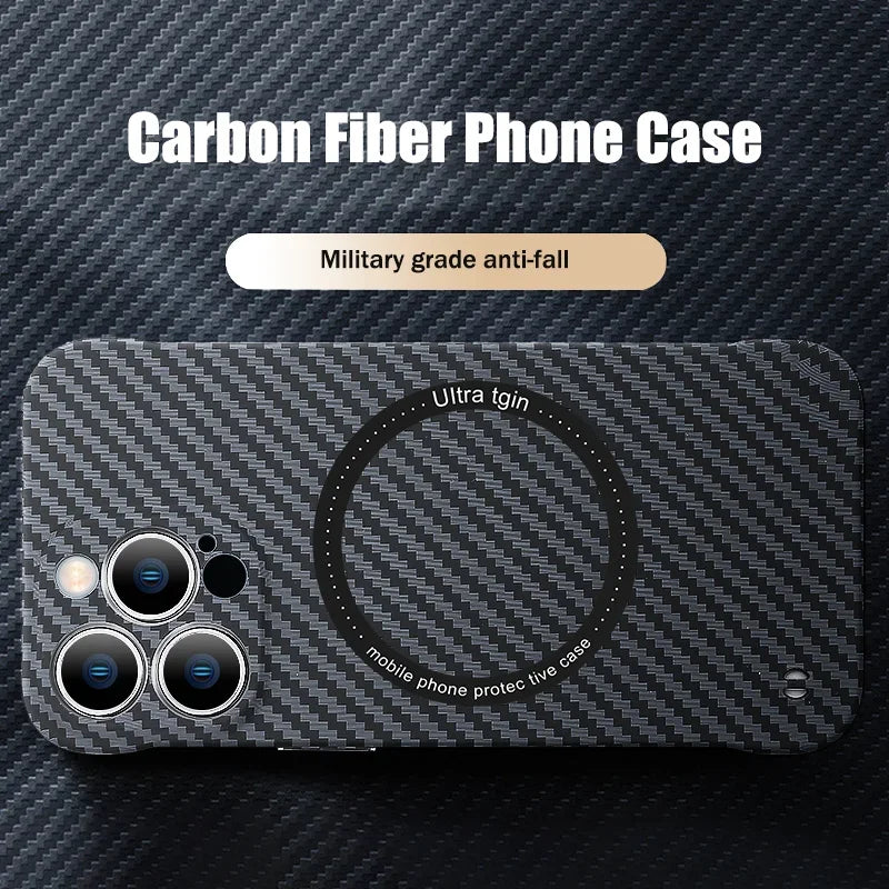 Skanto | Ultra-Thin Carbon Fiber Magnetic Case for iPhone 16 15 ProMax 14 Plus 13 12 11 Pro Max Magsafe Wireless Charging Borderless Cover