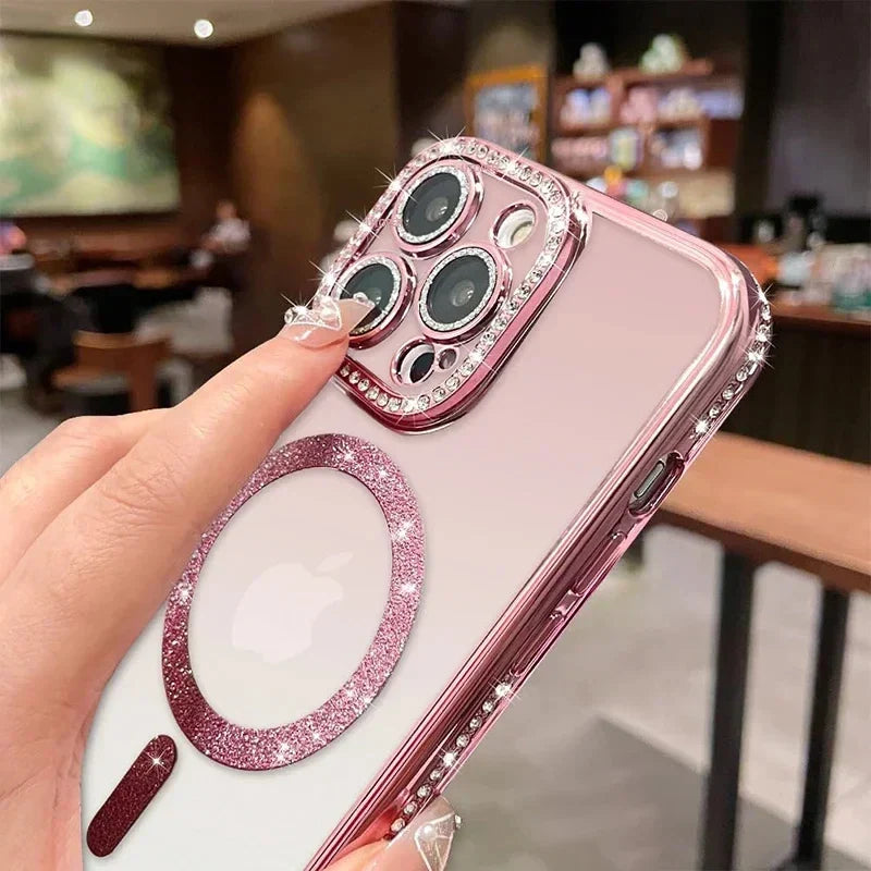 Luxury Glitter Bling MagSafe Case with Crystal Lens for iPhone 15 16 11 12 13 14 Pro Max 16 Plus Magnetic Wireless Charging Clear Case