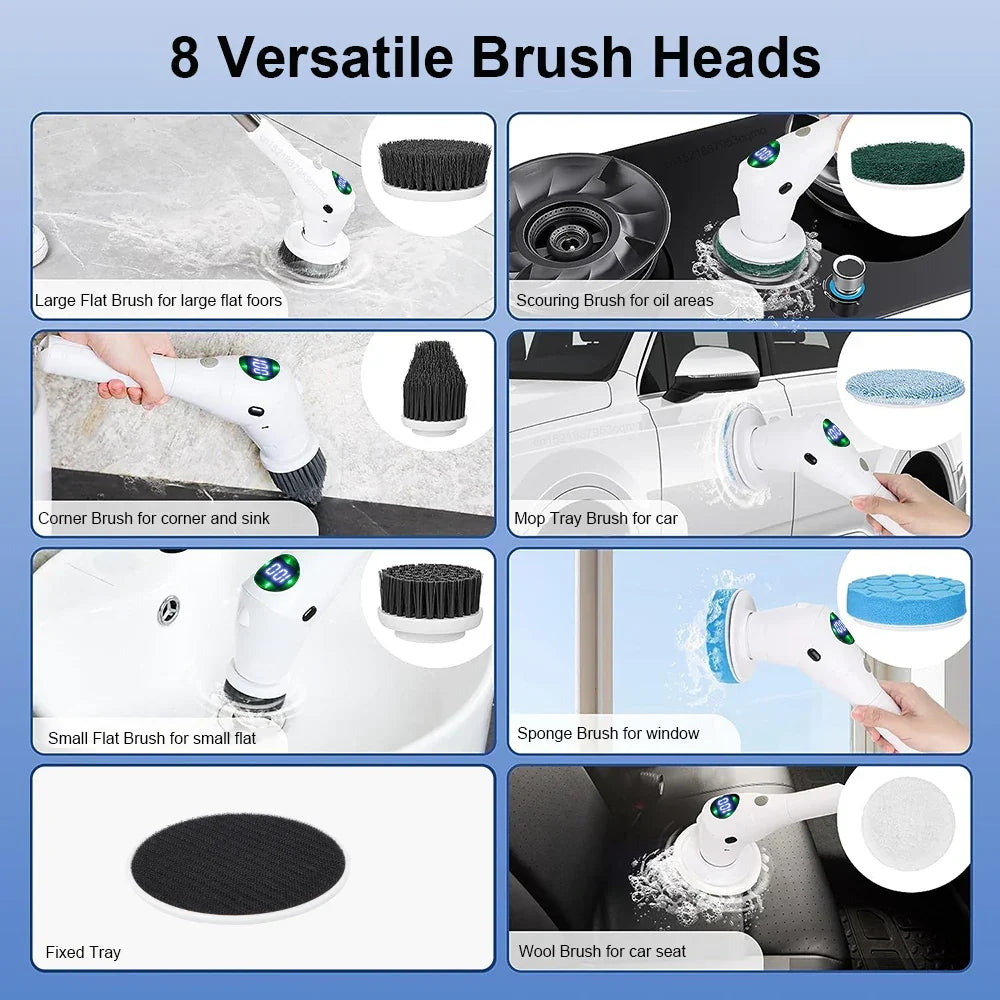 Skanto | Easy Cleaning Solution: 8-in-1 Multifunctional Electric Cleaning Brush - Cordless and Rotating for Bathroom, Kitchen, Windows, and Toilet