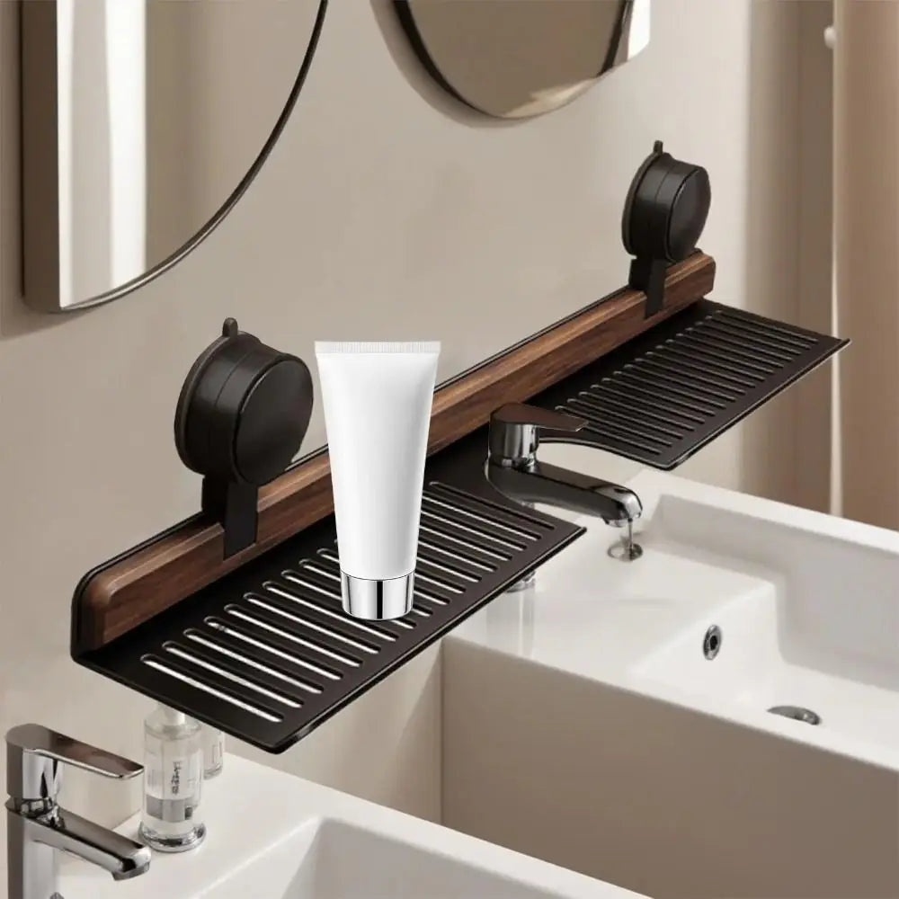 Skanto | Over Sink Suction Cup Walnut Bathroom Shelf