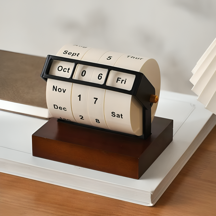BowLift | Vintage Wooden Perpetual Flip Calendar – Reusable Rotary Countdown Desk Display