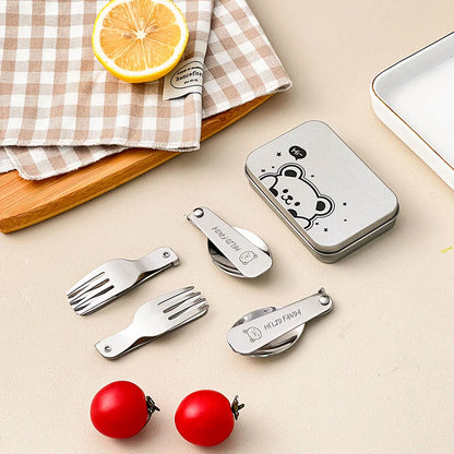 BowLift | Trekking Camping Cutlery 3-piece | Foldable Spoon & Fork with Storage Box | Stainless Steel | Compact & Reusable