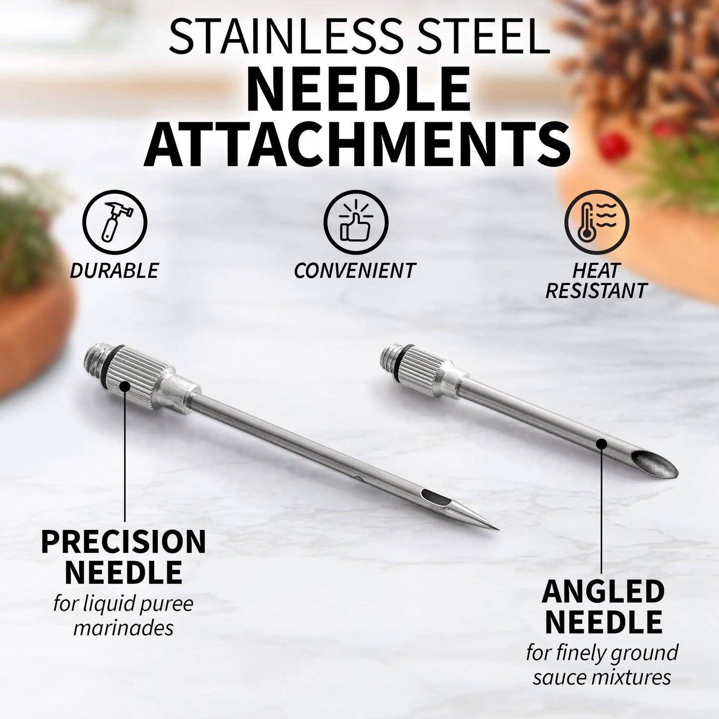 Flavora Marinade Injector | With 2 Needles & Cleaning Brush | For liquid & viscous marinades | Stainless Steel & Silicone