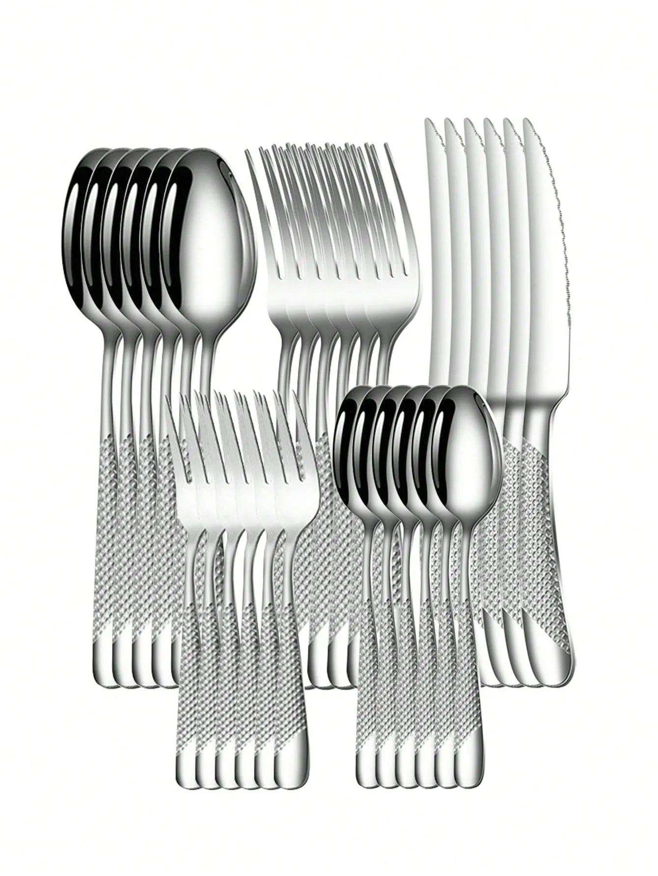Skanto | High-Quality Stainless Steel Silver Star Diamond Cutlery Set - Includes Knife, Fork, Spoon & Dessert Fork & Spoon - 6-Piece/30-Piece Options