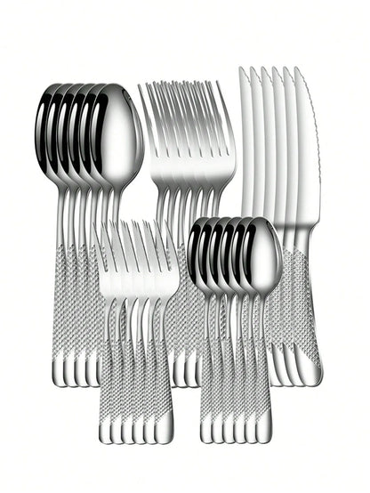 Skanto | High-Quality Stainless Steel Silver Star Diamond Cutlery Set - Includes Knife, Fork, Spoon & Dessert Fork & Spoon - 6-Piece/30-Piece Options
