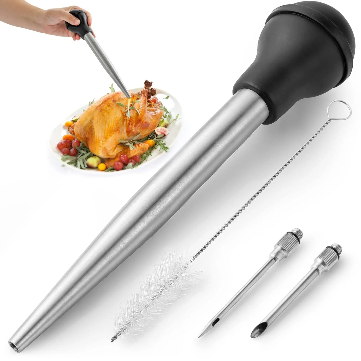 Flavora Marinade Injector | With 2 Needles & Cleaning Brush | For liquid & viscous marinades | Stainless Steel & Silicone
