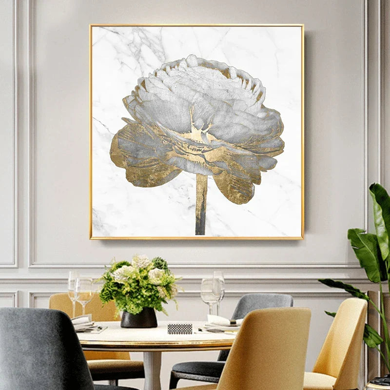 Modern Abstract Floral Wall Art Fine Art Canvas Prints Square Format White Golden Flower Pictures For Living Room Bedroom Art Decor | Bowlift
