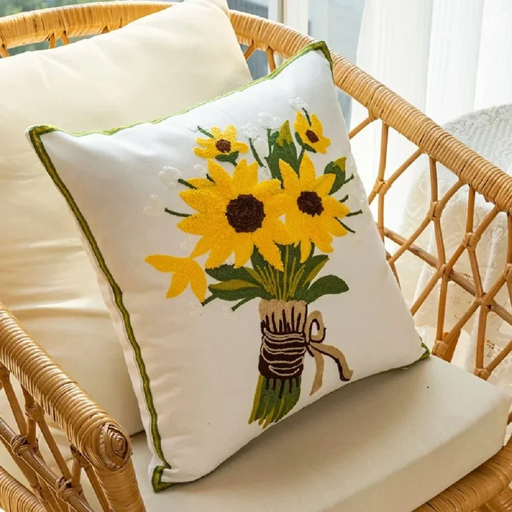 BowLift | Cotton Embroidered Decorative Pillow 45x45 cm with Sunflower Pattern