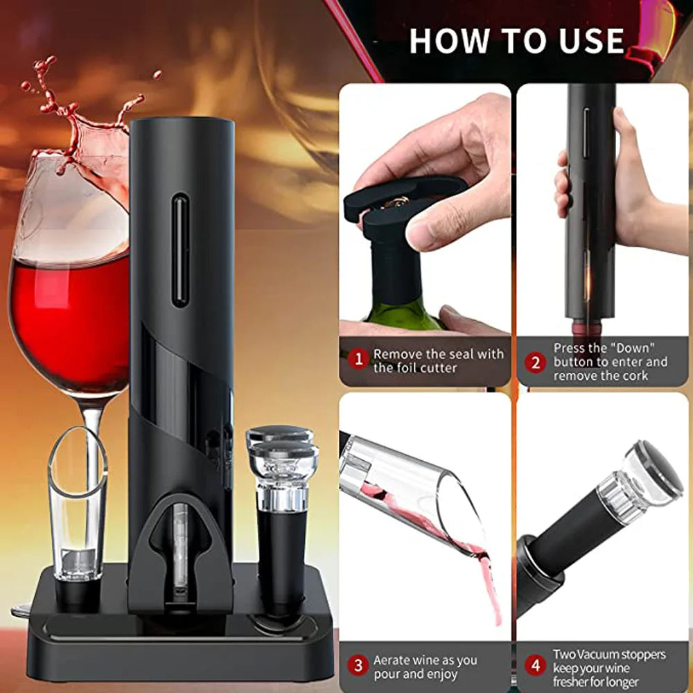 Skanto | Electric Corkscrew - Automatic Wine Opener with Stand, Foil Cutter, and Beer Can Opener - Kitchen and Bar Can Opener