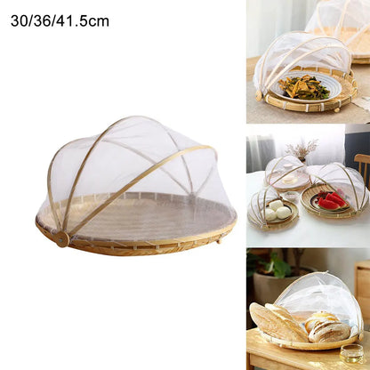 Skanto | Bamboo Woven Basket with Anti-Mosquito Net - Portable Outdoor Fruit and Vegetable Table with Mesh Cover