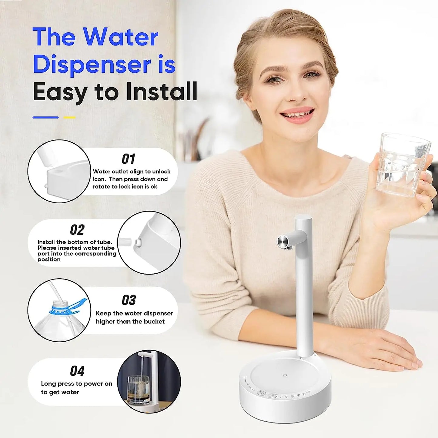 Skanto | Smart Electric Water Dispenser for Desk - USB Charging, 7-Stage Automatic Dispenser for 5-Gallon and Universal Bottles