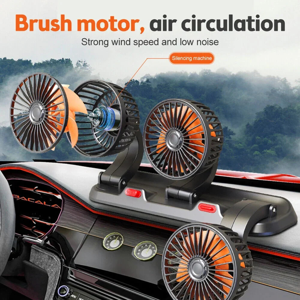 360° Adjustable Car Fan - 3-Head Automotive Electric Fan - USB/12V/24V - 2 Speeds - Quiet Cooling for Home, Desk, Office & Car | Karnz