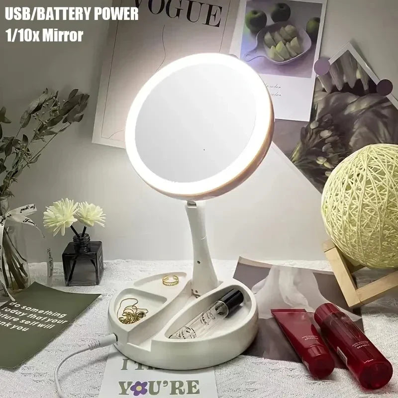 BowLift | Glamora Travel Mirror LED | Double-Sided & 10x Magnification | Foldable & Portable | With Accessory Compartment