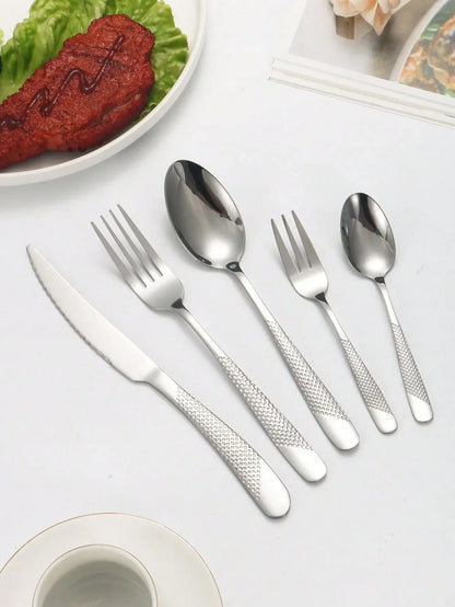Skanto | High-Quality Stainless Steel Silver Star Diamond Cutlery Set - Includes Knife, Fork, Spoon & Dessert Fork & Spoon - 6-Piece/30-Piece Options