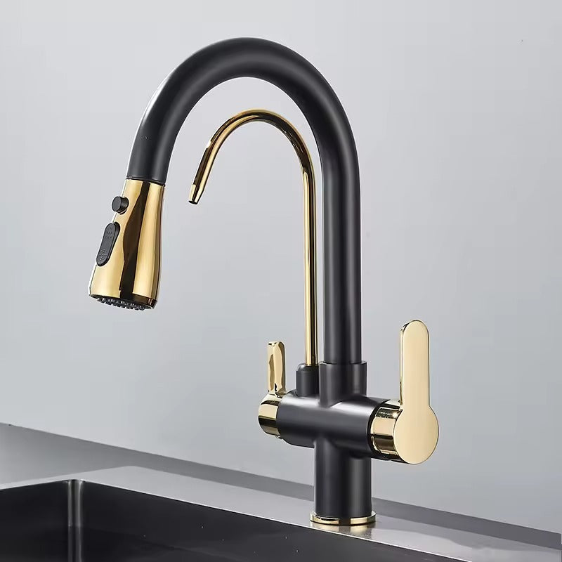 Matte Black Filter Faucet for the Kitchen, Pull-Out Spray, 360° Rotation, Three-Way Water Filter Tap, Sink Mixer | Karnz
