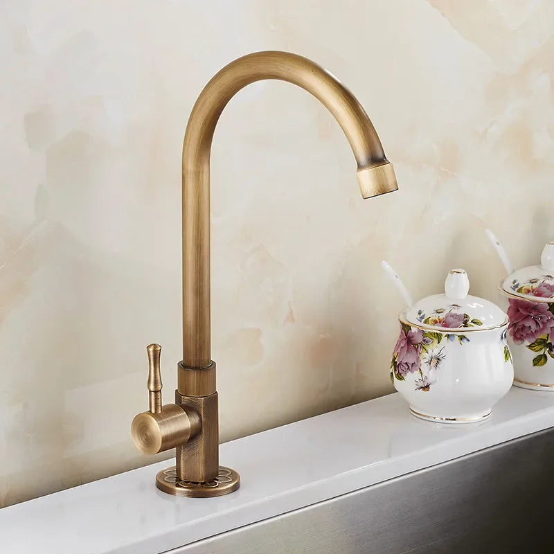 Skanto | Elegant Swan Neck Kitchen Faucet in Antique Brass