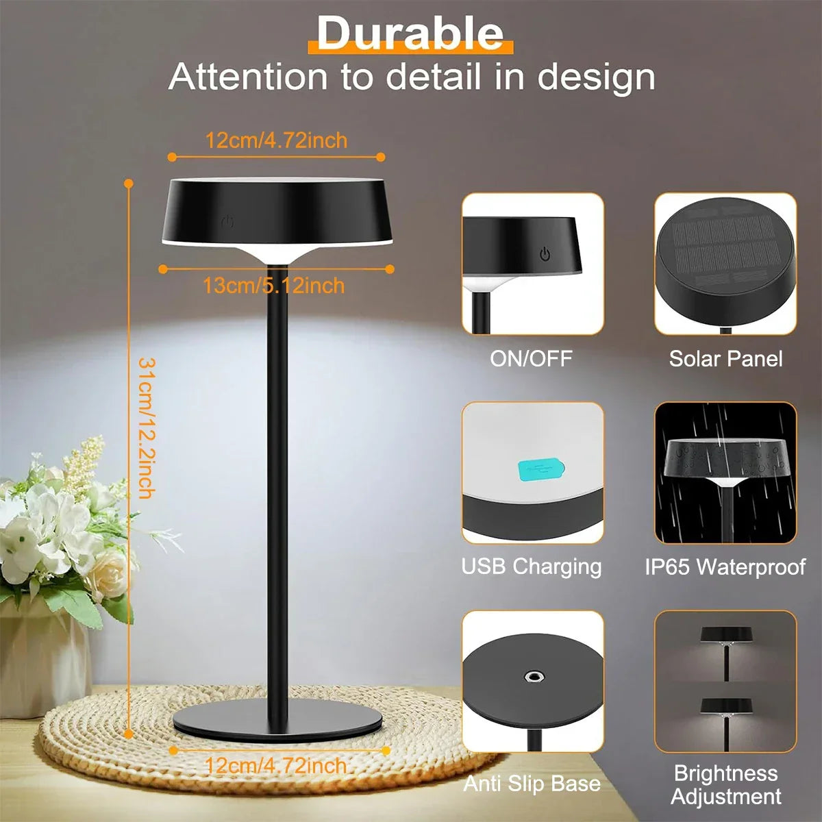BowLift | Solvella Solar Table Lamp LED | Dimmable & Cordless | 3 Light Colors | IP65 Waterproof for Indoor & Outdoor