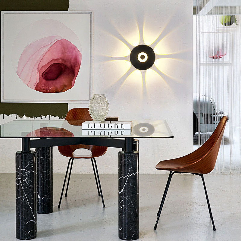 Modern Scandinavian LED wall light with round aluminum shade for the terrace