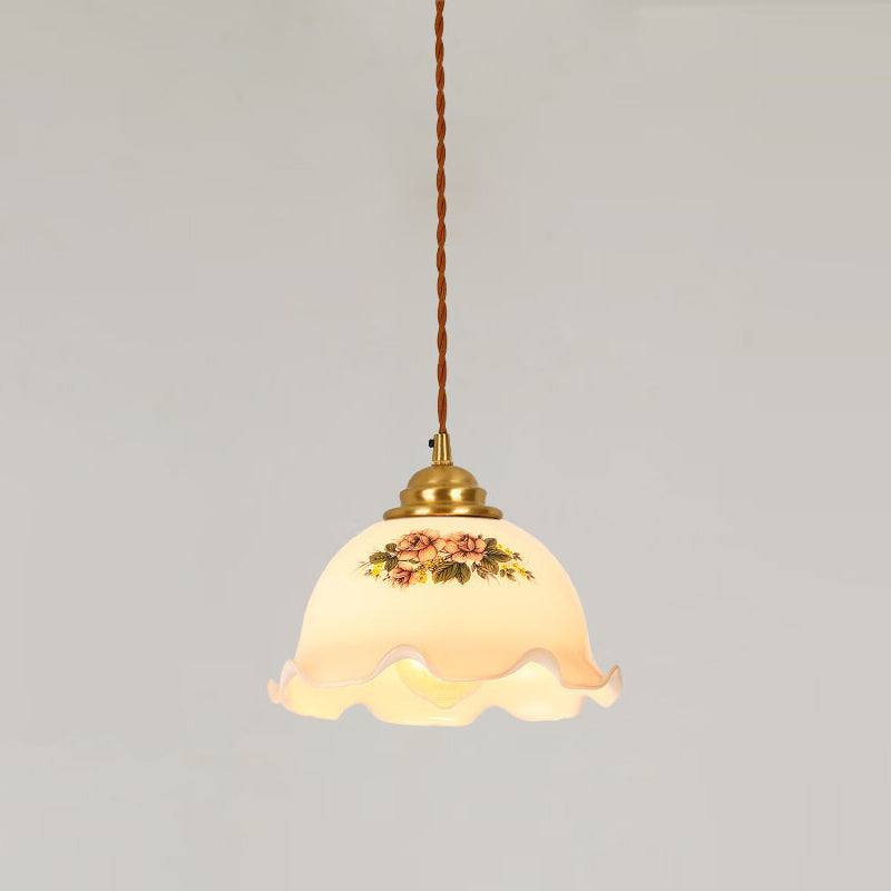 Skanto | Traditional Vintage Brass Cord Walnut Wood Glass Flower Curved 1-Light Pendant Lamp for Dining Room