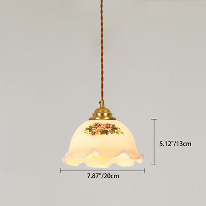 Skanto | Traditional Vintage Brass Cord Walnut Wood Glass Flower Curved 1-Light Pendant Lamp for Dining Room