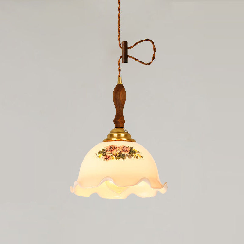 Skanto | Traditional Vintage Brass Cord Walnut Wood Glass Flower Curved 1-Light Pendant Lamp for Dining Room