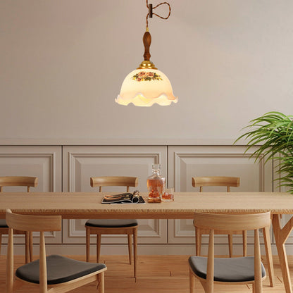 Skanto | Traditional Vintage Brass Cord Walnut Wood Glass Flower Curved 1-Light Pendant Lamp for Dining Room
