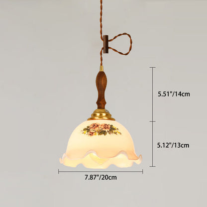 Skanto | Traditional Vintage Brass Cord Walnut Wood Glass Flower Curved 1-Light Pendant Lamp for Dining Room