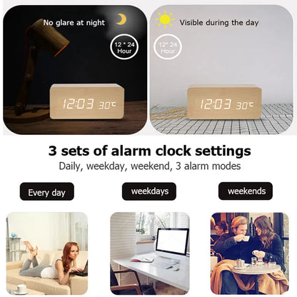 Skanto | Wood LED Digital Alarm Clock: Stylish Table and Bedside Clock with Temperature Display