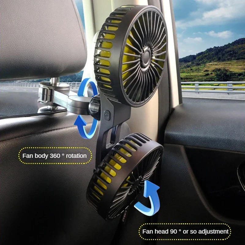 BowLift | Auto Cooling Fan AIRCURA DUO | 3 Speeds | USB Charging | 360° Rotatable | For Backseat & Headrest