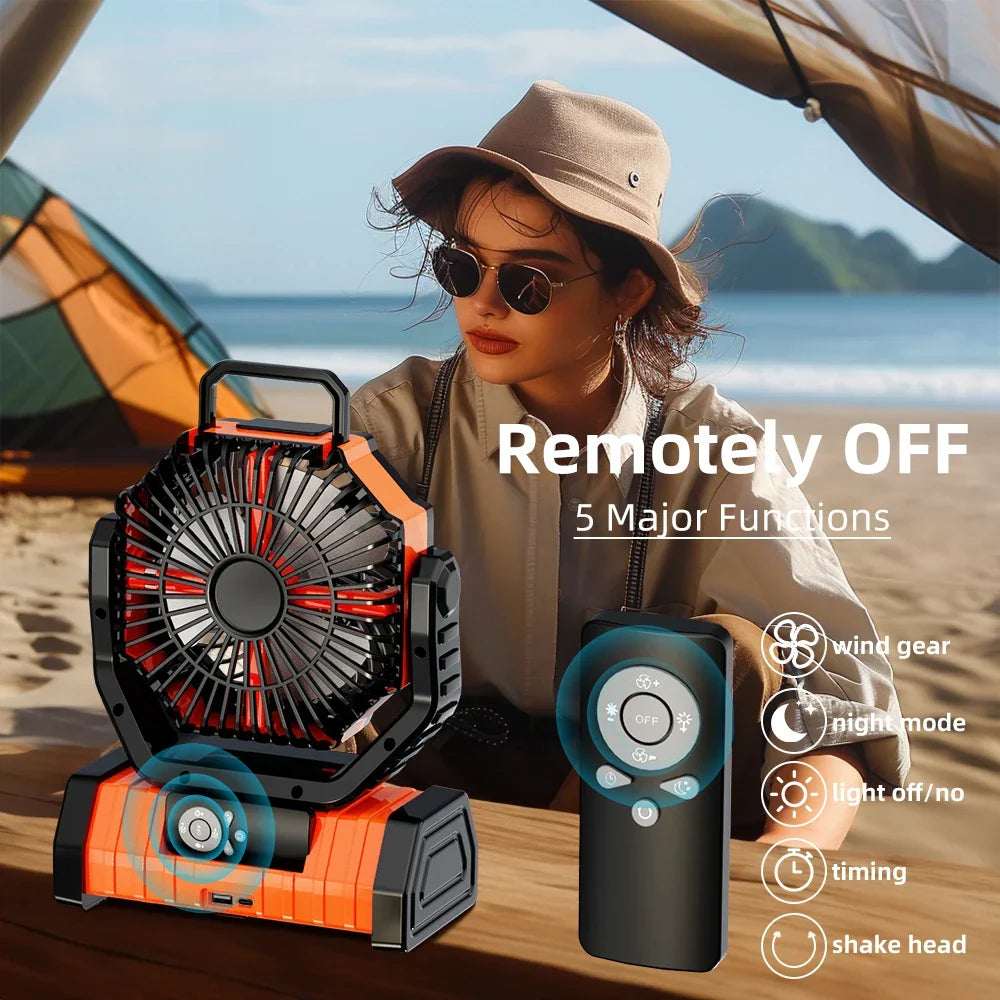 20000mAh Portable Rechargeable Fan — Battery-Operated Table & Camping Fan with LED Light & Hook for Tent, Car and Outdoor Trips | Karnz