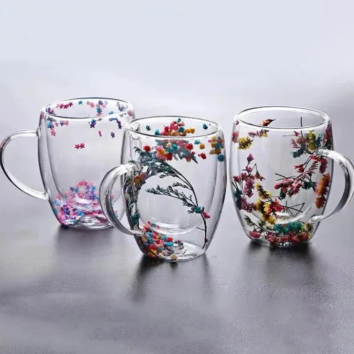 2pcs Dried Flowers Double-Walled Glass Mug