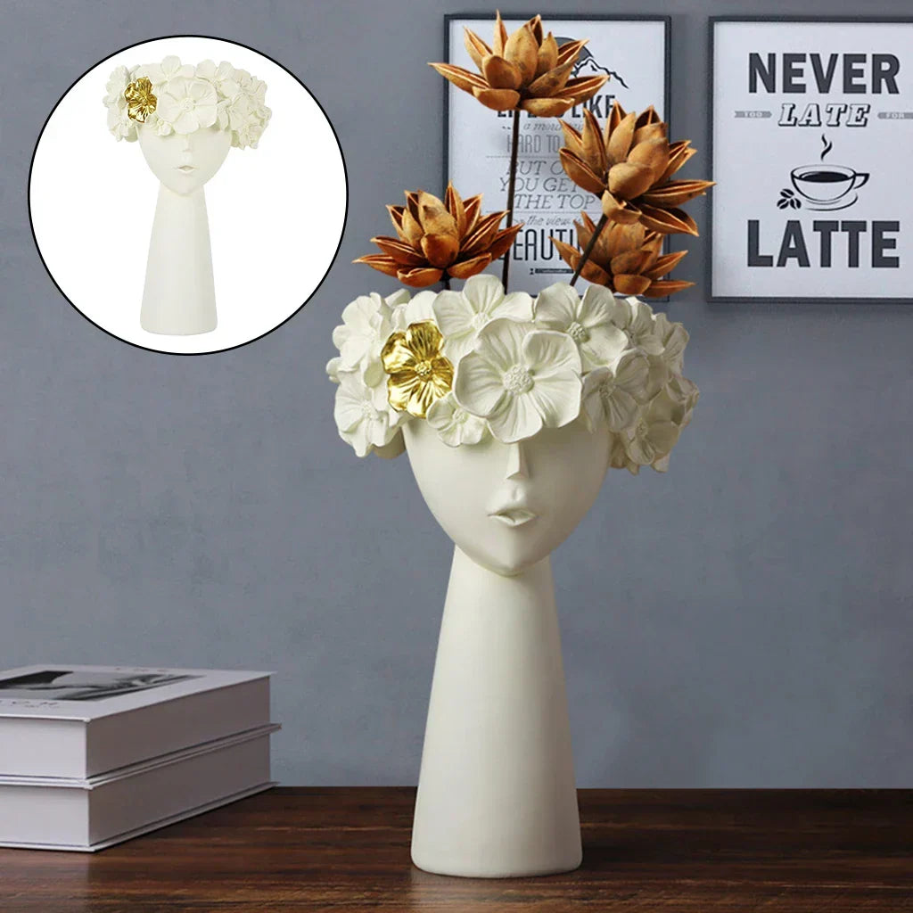 Skanto | Nordic Girl Head Flower Resin Vase Statue Flower Planters for Office Desk Dried Flowers Ornaments Decor Container
