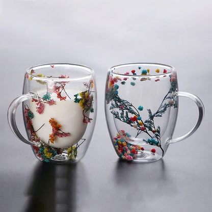 2pcs Dried Flowers Double-Walled Glass Mug