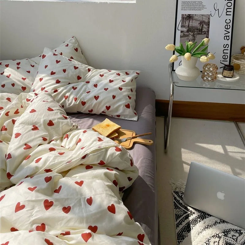 Skanto | CozyLove | Twin, Full & Queen Duvet Cover Set – Soft Korean Style Bedding with Heart Design