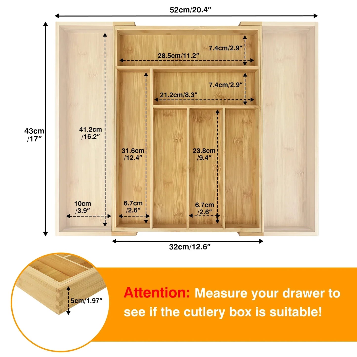BowLift | Bambusio cutlery tray made of bamboo | Expandable 32–52 cm | 6–8 compartments | Sustainable drawer insert for kitchen, bathroom & office