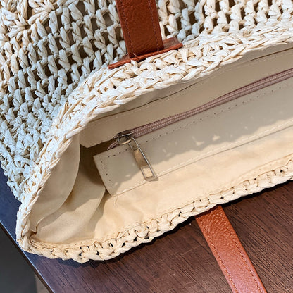 BowLift | Genevieve | Chic Straw Tote Bag with Genuine Leather Straps – Elegant Summer Handbag